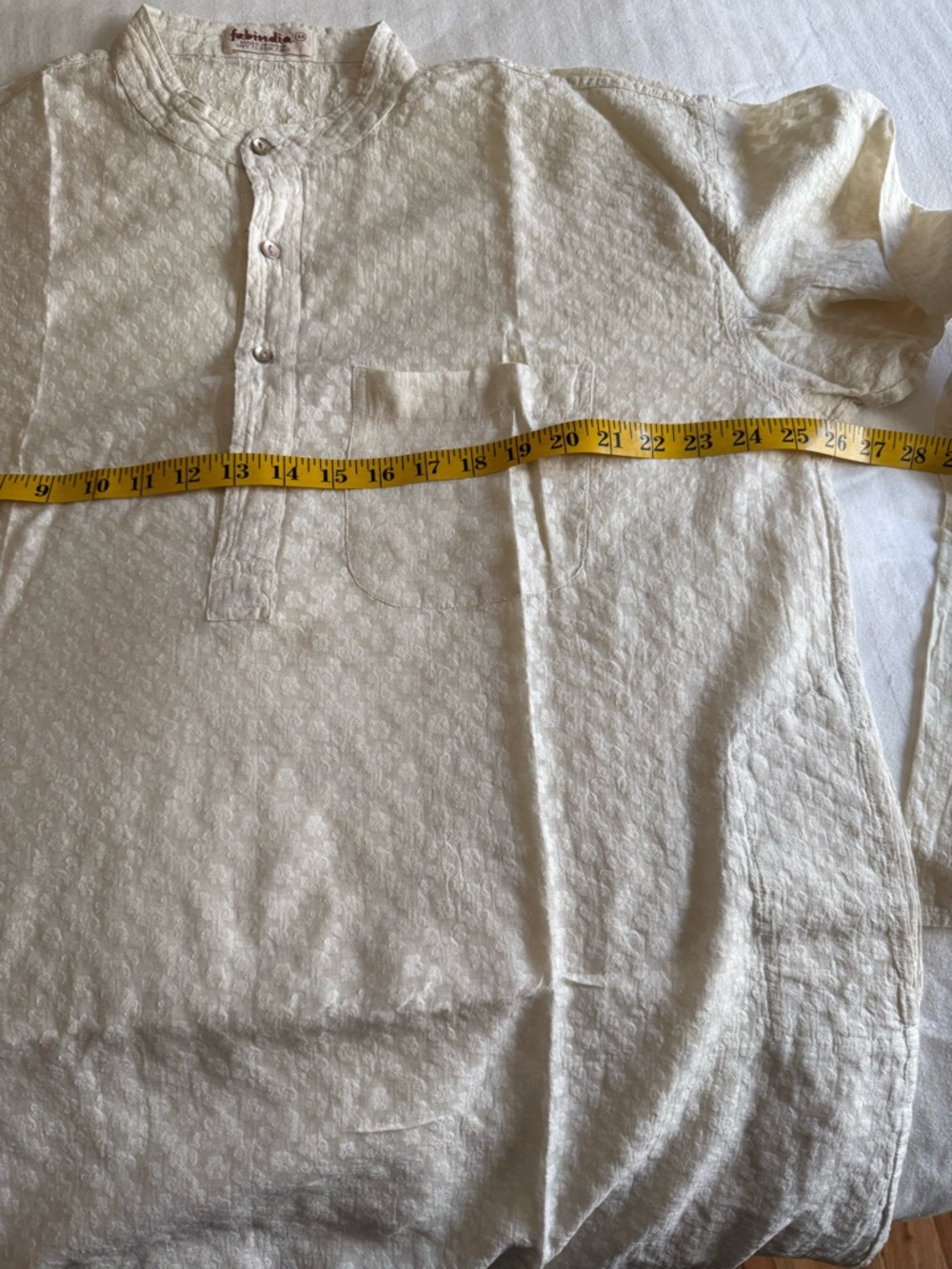 Men’s Fabindia Cream Embossed ethnic Cotton silk kurta and churidar pajama - Picture 10 of 11